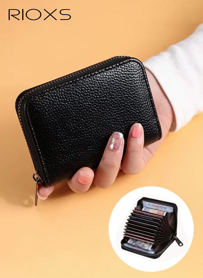 ريوكس محفظة رفيعة للغاية متعددة الوظائف للجنسين مع حماية RFID وفتحات متعددة للبطاقات وجيب للنقود المعدنية وحامل بطاقات صغير الحجم مع 9 فتحات للبطاقات وفواصل، جلد أسود محبب - إكسسوار أساسي للاستخدام اليومي، 11*8*2 سم - Image 1